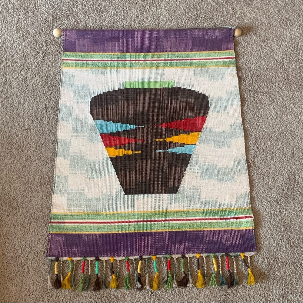 Vintage large Southwestern colorful woven wall hanging tapestry art with tassels